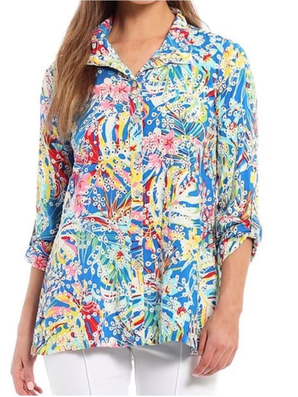 John Mark Tropical Floral Eyelet Embroidered Top Large preppy resortwear comfy
